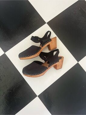Moheda Black Suede Slingback Clogs Genuine Leather & Wood Made in Sweden